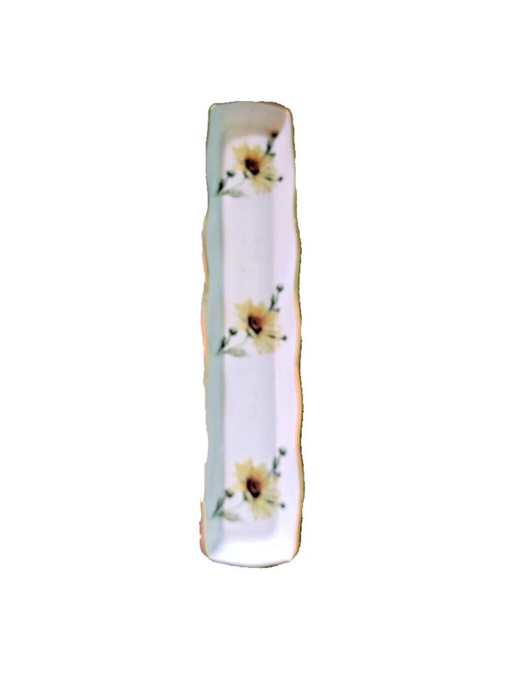 Vintage LEC Limoges France Porcelain Long Pen Tray Yellow Floral Gold Trim Dish